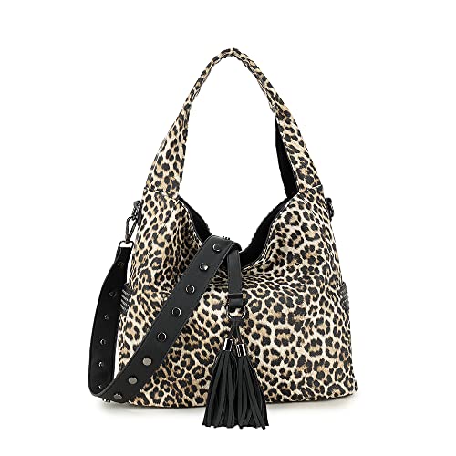 Segater Hobo Leopardenmuster Tasche für Damen Leder Retro Handtasche Arbeit Freizeit Umhängetasche Geldbörse mit Quaste Nieten Crossbody Tasche Schultertasche von Segater