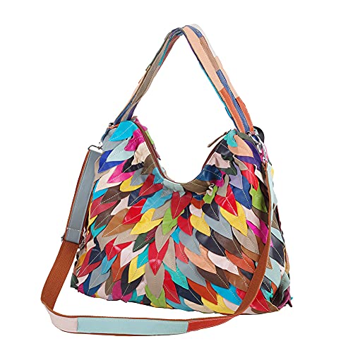 Segater Hobo-Tasche aus Schaffell Shopper Tote für Damen Mehrfarbige Umhängetasche Zufällige Patchwork-Handtasche Geldbeutel Blatt Schulranzen von Segater