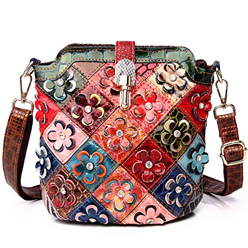 Segater Mehrfarbig Floral Rind Leder-Umhängetasche für Damen, Vintage Rindsleder Handtasche Blumenmuster 3D Schultertaschen Reisetasche mit Patchwork Bunte Geldbörsen Henkeltaschen von Segater