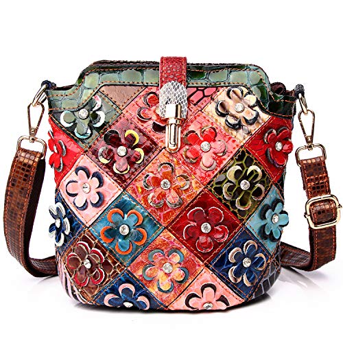 Segater Mehrfarbig Floral Rind Leder-Umhängetasche für Damen, Vintage Rindsleder Handtasche Blumenmuster 3D Schultertaschen Reisetasche mit Patchwork bunte Geldbörsen Henkeltaschen von Segater