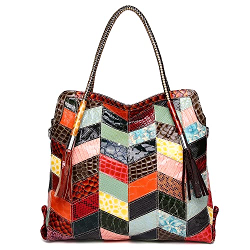 Segater Mehrfarbige Einkaufstasche für Frauen Handtasche Umhängetasche aus echtem Leder Zufällige Bunte Patchwork-Schultertaschen Geldbörsen von Segater