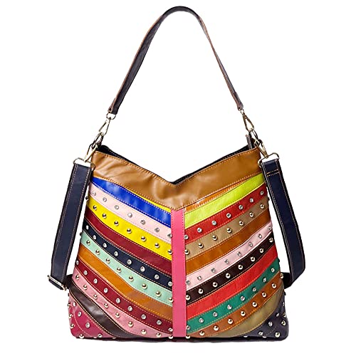 Segater Mehrfarbige Handtasche für Damen Rindsleder Zufällige Bunte Patchwork Umhängetasche Nieten Schulranzen Crossbody Tasche von Segater
