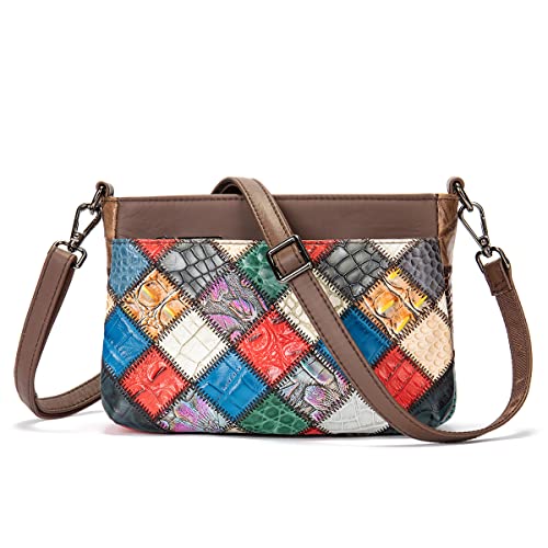 Segater Mehrfarbige Umhängetasche Handtasche für Frauen Echtes Leder Sommer Geldbörse Zufällige Bunte Patchwork Crossbody Tasche Bohemian Schulranzen von Segater