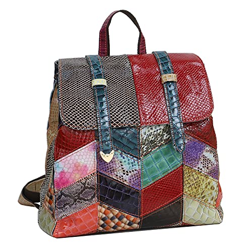 Segater Zufälliger bunter Rucksack für Damen Rucksackhandtaschen Schultertasche aus echtem Leder Bunte Patchwork-Geldbörsen Campusreise-Rucksack von Segater