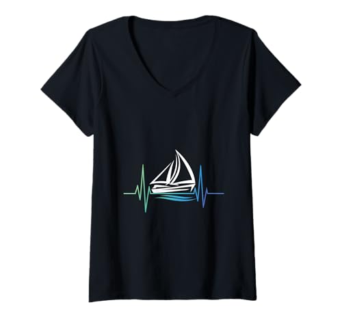 Damen Segelschiff Boot Segelyacht Hearzfrequenz Segler T-Shirt mit V-Ausschnitt von Segelboot Kapitän, Segeln & Segler