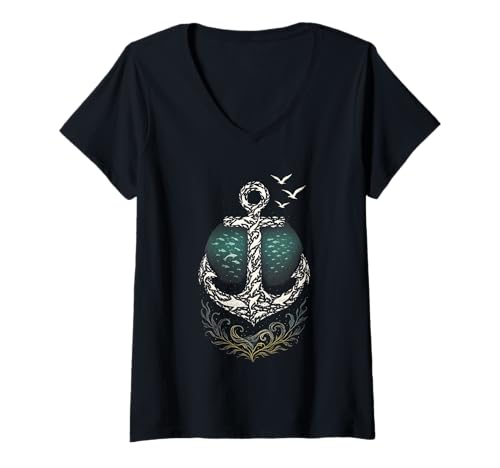 Damen Segeln Seeseite Skipper Anker Boot Segler Kapitän T-Shirt mit V-Ausschnitt Damen Segeln Seeseite Skipper Anker Boot Segler Kapitän T-Shirt mit V-Ausschnitt von Segelboot Seemann Schiff Seemannsgeschenk Meer