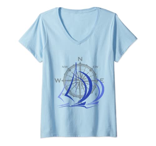 Damen Kapitän Segler Shirt für Wassersportler Segel Windrose T-Shirt mit V-Ausschnitt von Segelboote Segeln für Segler Kapitän Wassersport