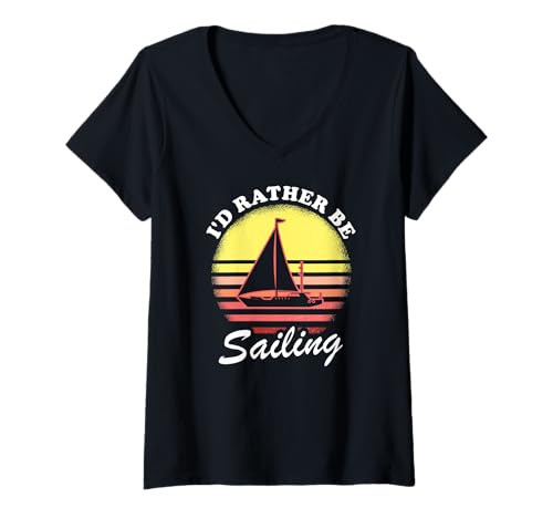 Damen Ich Wäre Lieber Segeln Vintage Boot Sonnenuntergang Szene T-Shirt mit V-Ausschnitt Damen Ich Wäre Lieber Segeln Vintage Boot Sonnenuntergang Szene T-Shirt mit V-Ausschnitt von Segelhumor Für Introvertierte Und Bootsliebhaber