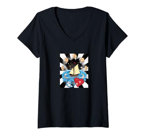 Damen maritim Seefahrt Peace Herz Segelschiff Mondphase Boot T-Shirt mit V-Ausschnitt von Segeln Segelschiff Boote