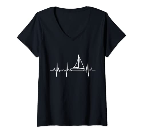 Damen Segeln Herzschlag für Segler Herzlinie Segelboot Fahrer T-Shirt mit V-Ausschnitt Damen Segeln Herzschlag für Segler Herzlinie Segelboot Fahrer T-Shirt mit V-Ausschnitt von Segeln T-Shirts für Segler