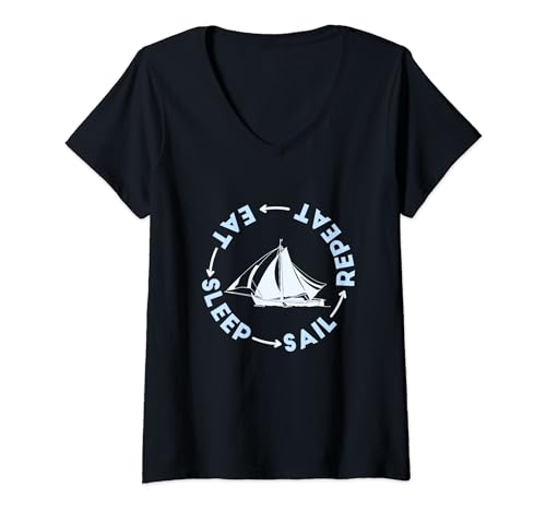 Damen Eat Sleep Sail Repeat Boot Sprüche Segelboot Segeln T-Shirt mit V-Ausschnitt Damen Eat Sleep Sail Repeat Boot Sprüche Segelboot Segeln T-Shirt mit V-Ausschnitt von Segeln Zubehör & Segeln Geschenke