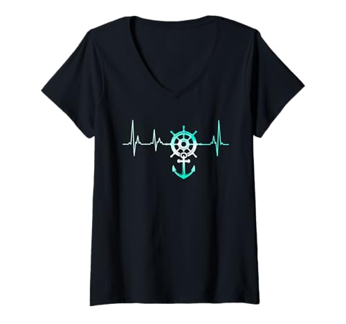 Damen Boot Bootsfahrer Segler Segelboot Herzschlag Anker Seefahrer T-Shirt mit V-Ausschnitt Damen Boot Bootsfahrer Segler Segelboot Herzschlag Anker Seefahrer T-Shirt mit V-Ausschnitt von Segelsport Segelboot Kapitän Seemann Geschenke