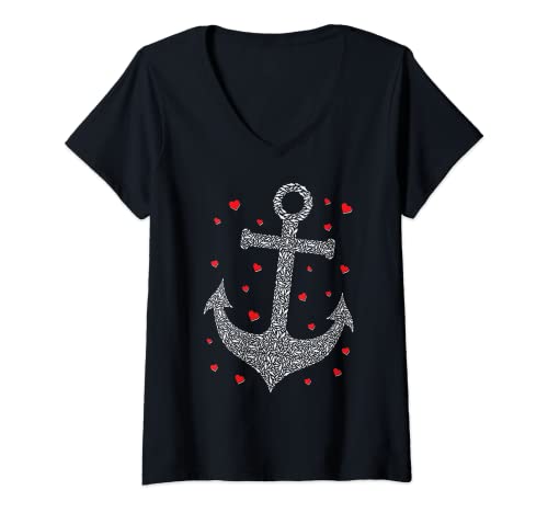 Damen Anker Kapitän Segeln Herzen Boot Maritim Urlaub Liebe Meer T-Shirt mit V-Ausschnitt von Segler Mädchen & Yacht Ozean Schiff Geschenkidee