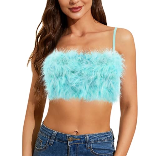 Segreto Damen Fuzzy Feder Crop Top Sexy Kunstpelz Ärmellos Spaghettiträger Bandeau Trägertop Tank Tops BH Y2K Party Club Weste von Segreto