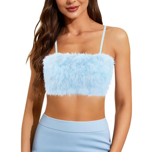 Segreto Damen Fuzzy Feder Crop Top Sexy Kunstpelz Ärmellos Spaghettiträger Bandeau Trägertop Tank Tops BH Y2K Party Club Weste von Segreto