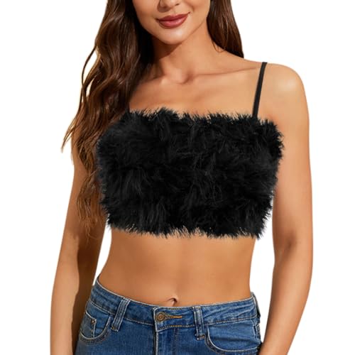 Segreto Damen Fuzzy Feder Crop Top Sexy Kunstpelz Ärmellos Spaghettiträger Bandeau Trägertop Tank Tops BH Y2K Party Club Weste von Segreto