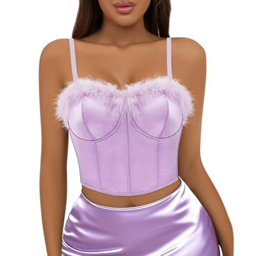 Segreto Damen Fuzzy Feder Korsett Hochglanz Satin Kunstpelz Ärmellos Spaghettiträger Bustier Trägertop Crop Tank Top Cami Lila von Segreto