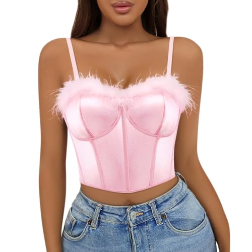 Segreto Damen Fuzzy Feder Korsett Hochglanz Satin Kunstpelz Ärmellos Spaghettiträger Bustier Trägertop Crop Tank Top Cami Rosa von Segreto