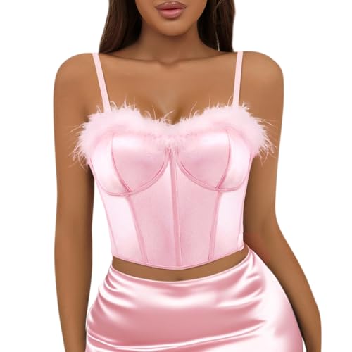 Segreto Damen Fuzzy Feder Korsett Hochglanz Satin Kunstpelz Ärmellos Spaghettiträger Bustier Trägertop Crop Tank Top Cami Rosa von Segreto
