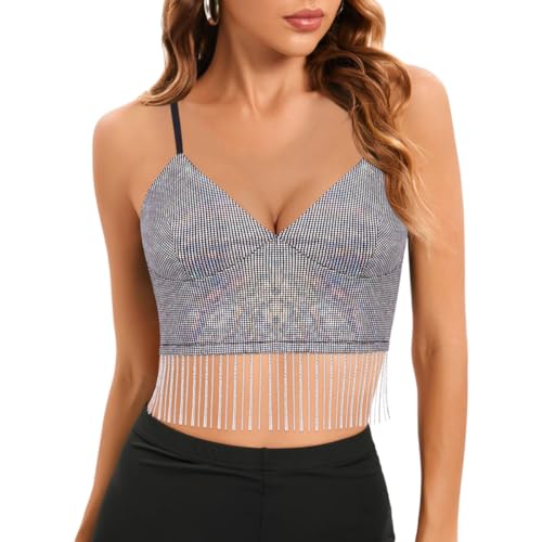 Segreto Damen Glänzend Metallisch Crop Top Strass Quaste Hologramm Tanktop Sexy Ärmellos Spaghettiträger Trägertop Camisole von Segreto