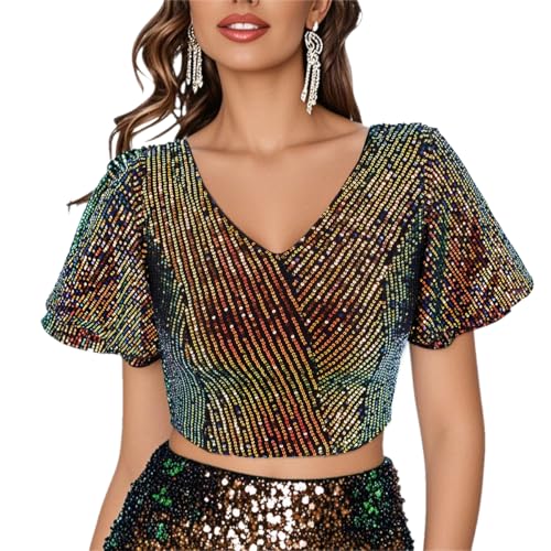 Segreto Damen Glänzend Pailletten Oberteile Rüsche Kurzarm V-Ausschnitt Glitzer Crop Tops Elegant Blusen T-Shirts Party Rave Outfits, Sparkle Colored Schwarz/M von Segreto