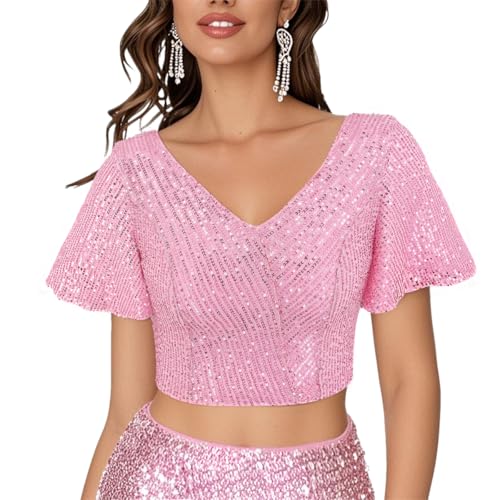Segreto Damen Glänzend Pailletten Oberteile Rüsche Kurzarm V-Ausschnitt Glitzer Crop Tops Elegant Blusen T-Shirts Party Rave Outfits, Sparkle Rosa/S von Segreto