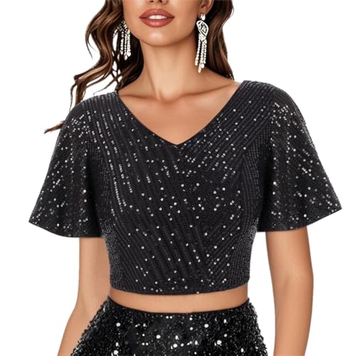 Segreto Damen Glänzend Pailletten Oberteile Rüsche Kurzarm V-Ausschnitt Glitzer Crop Tops Elegant Blusen T-Shirts Party Rave Outfits, Sparkle Schwarz/M von Segreto
