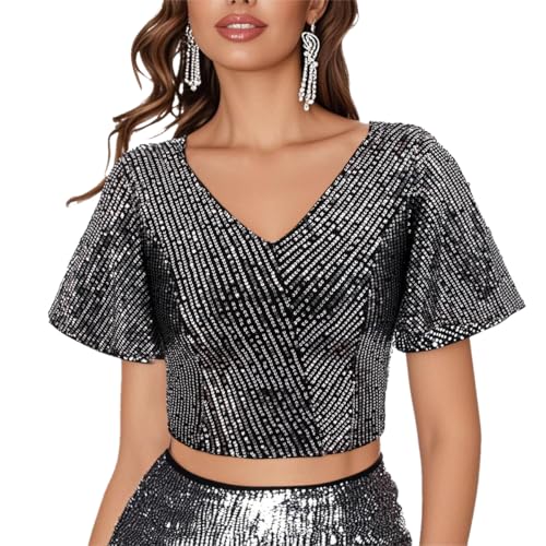 Segreto Damen Glänzend Pailletten Oberteile Rüsche Kurzarm V-Ausschnitt Glitzer Crop Tops Elegant Blusen T-Shirts Party Rave Outfits, Sparkle Schwarz Silber/L von Segreto
