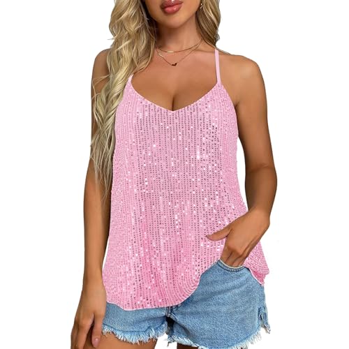 Segreto Damen Glitezer Pailletten Trägertops Perlen Ärmellos V-Ausschnitt A-Linie Cami Top Party Oberteile Shirt Weste Rosa von Segreto