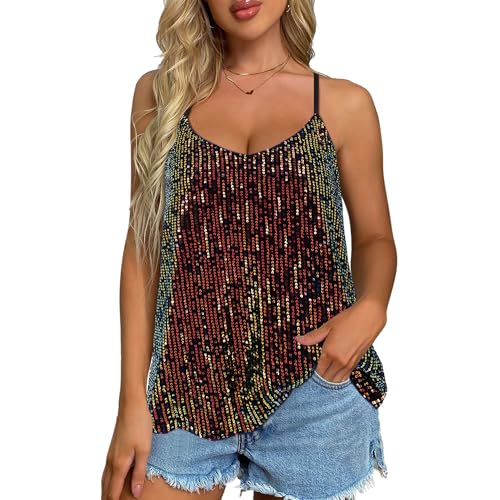Segreto Damen Glitezer Pailletten Trägertops Perlen Ärmellos V-Ausschnitt A-Linie Cami Top Party Oberteile Shirt Weste Schwarz von Segreto