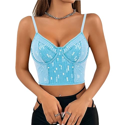 Segreto Damen Glitzer Pailletten Push Up Bustier Ärmellos Spaghettiträger Sexy Crop Top Trägertop Festival Party Club Blau Camisole von Segreto