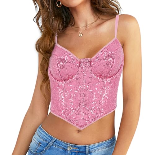 Segreto Damen Glitzer Pailletten Push Up Bustier Ärmellos V-Ausschnitt Spaghettiträger Crop Top Konzert Trägertop Rosa Tanktop von Segreto