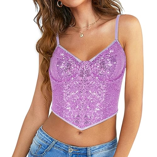 Segreto Damen Glitzer Pailletten Push-Up Bustier Funkeln V-Ausschnitt Ärmellos Spaghettiträger Korsett Crop Trägertop Top Oberteile Club Party Lila von Segreto