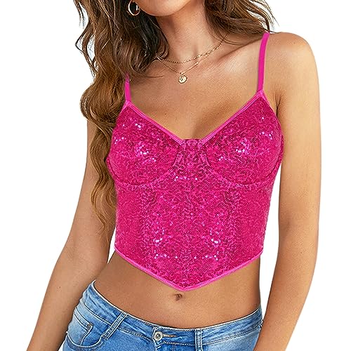 Segreto Damen Glitzer Pailletten Push-Up Bustier Funkeln V-Ausschnitt Ärmellos Spaghettiträger Korsett Crop Trägertop Top Oberteile Club Party Rosa Rot von Segreto