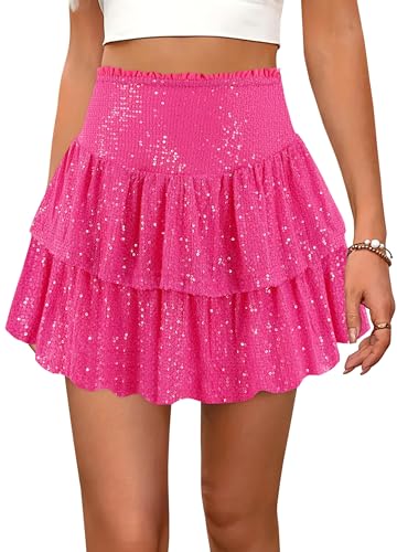 Segreto Damen Glitzer Pailletten Rock A-Linie Hohe Taille Kurz Minirock Dehnbar Party Faltenrock Rosa Rot von Segreto