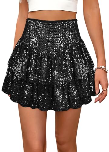 Segreto Damen Glitzer Pailletten Rock A-Linie Hohe Taille Minirock Dehnbar Faltenrock Glockrenrock Party Kurz Röcke Schwarz von Segreto