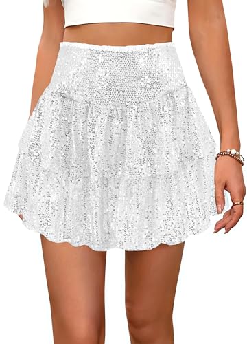 Segreto Damen Glitzer Pailletten Rock A-Linie Hohe Taille Minirock Dehnbar Faltenrock Glockrenrock Party Kurz Röcke Silber von Segreto