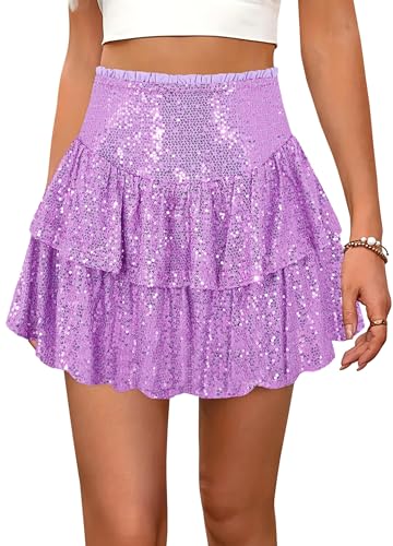 Segreto Damen Glitzer Pailletten Rock A-Linie Hohe Taille Minirock Dehnbar Faltenrock Party Kurz Röcke Lila von Segreto