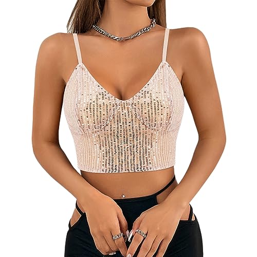 Segreto Damen Glitzer Pailletten Tanktop Ärmellos Spaghettiträger Sexy Crop Top Trägertop Festival Party Club Beige Camisole von Segreto