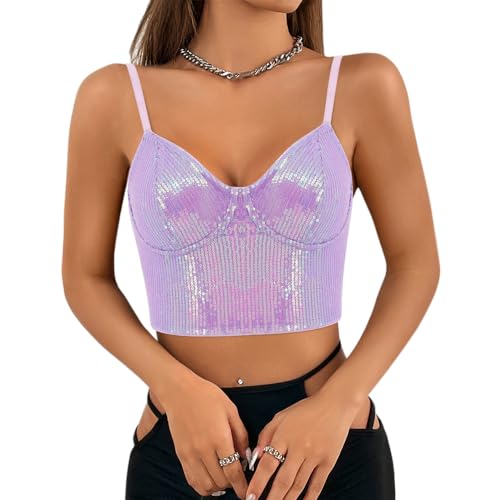 Segreto Damen Glitzer Pailletten Tanktop Ärmellos Spaghettiträger Sexy Crop Top Trägertop Festival Party Club Lila Camisole von Segreto