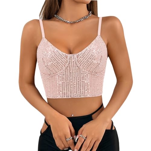 Segreto Damen Glitzer Pailletten Tanktop Ärmellos Spaghettiträger Sexy Crop Top Trägertop Festival Party Club Mehrfarbig Nackt Rosa Camisole von Segreto