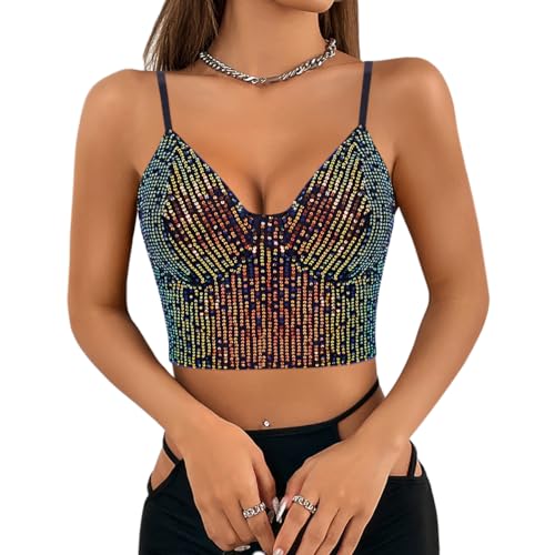 Segreto Damen Glitzer Pailletten Tanktop Ärmellos Spaghettiträger Sexy Crop Top Trägertop Festival Party Club Metallisch Schwarz Camisole von Segreto