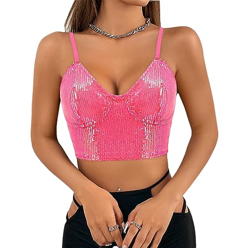 Segreto Damen Glitzer Pailletten Tanktop Ärmellos Spaghettiträger Sexy Crop Top Trägertop Festival Party Club Rosa Camisole von Segreto