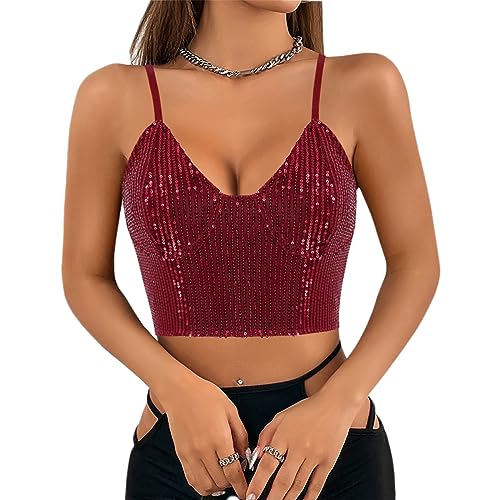 Segreto Damen Glitzer Pailletten Tanktop Ärmellos Spaghettiträger Sexy Crop Top Trägertop Festival Party Club Rot Camisole von Segreto