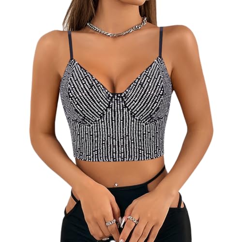 Segreto Damen Glitzer Pailletten Tanktop Ärmellos Spaghettiträger Sexy Crop Top Trägertop Festival Party Club Silber Schwarz Camisole von Segreto