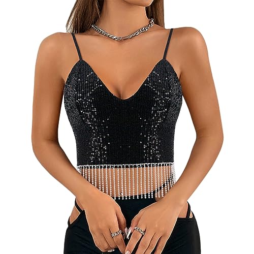 Segreto Damen Glitzer Pailletten Tanktop Sexy Strass Quaste Ärmellos Spaghettiträger Crop Top Trägertop Festival Party Club Schwarz Camisole von Segreto