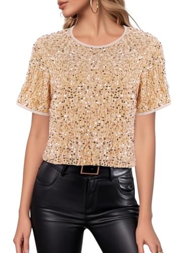 Segreto Damen Glitzer Pailletten Tops Short Sleeved Rundhals Locker Oberteil Glänzende Party Bluse T-Shirts Festliches Outfit, Gold Mesh Pailletten/S von Segreto