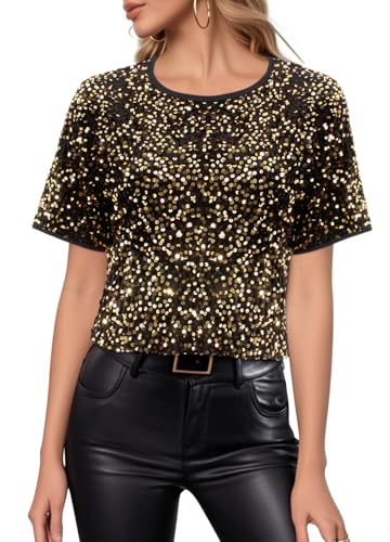 Segreto Damen Glitzer Pailletten Tops Short Sleeved Rundhals Locker Oberteil Glänzende Party Bluse T-Shirts Festliches Outfit, Schwarz Gold Mesh Pailletten/M von Segreto