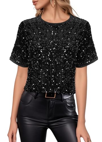 Segreto Damen Glitzer Pailletten Tops Short Sleeved Rundhals Locker Oberteil Glänzende Party Bluse T-Shirts Festliches Outfit, Schwarz Mesh Pailletten/M von Segreto