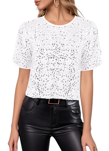 Segreto Damen Glitzer Pailletten Tops Short Sleeved Rundhals Locker Oberteil Glänzende Party Bluse T-Shirts Festliches Outfit, Weiß Mesh Pailletten/M von Segreto